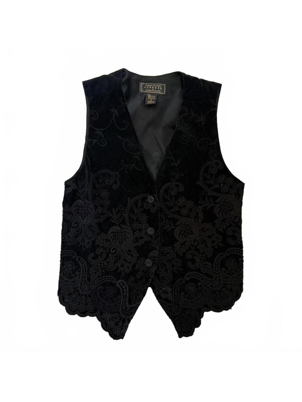 Vintage 1990s Compagnie Internationale Express Black Velvet Floral Pattern Vest